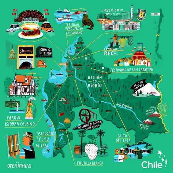 Mapas ilustrados: Exposición colaborativa muestra los íconos de Chile 2